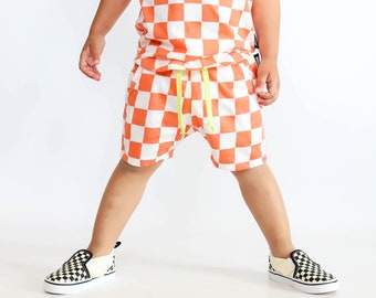 Toddler Kid's Orange and White Checker Shorts, Cool Baby Shorts, Toddler Boy Summer Clothes, Checkered Vans, Bright Color Kid's Clothes