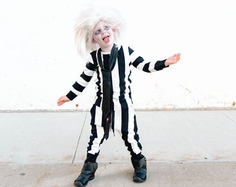 Kid's Beetlejuice Costume Basics, Black and White Stripe Long Sleeve Shirt, Pants and Tie, Easy Baby Costume, Toddler Beetlejuice Costume