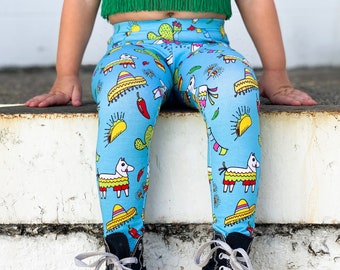 Fiesta Party Leggings, taco leggings, Cinco de Mayo outfit, Fiesta Birthday Party Theme, Uno, Dos, Tres, llama print, Piñata Pants,