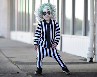 Kid's Beetlejuice Costume Basics, Black and White Stripe Long Sleeve Shirt, Pants and Tie, Easy Baby Costume, Toddler Beetlejuice Costume