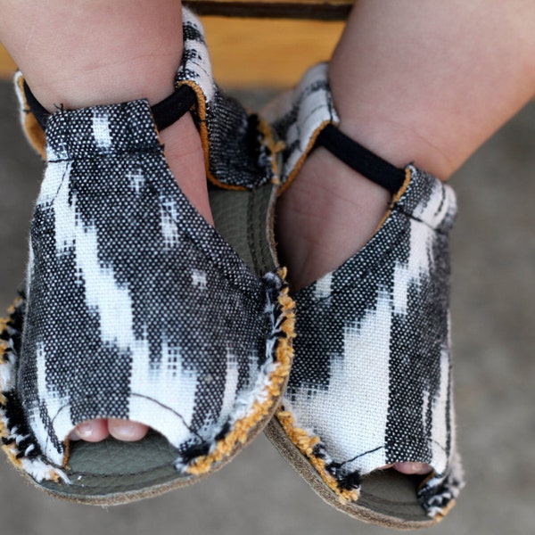 Black and White Cotton Tribal Sandals with Leather Soles - Shoe Size Conversion in Listing! soft soles