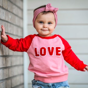 LOVE Ready to Ship Valentines Day Sweatshirt 6 months to 7T Unisex Kid's Pink Red and Tan V-Day Shirt, Boy's Valentine's Day Clothes image 1