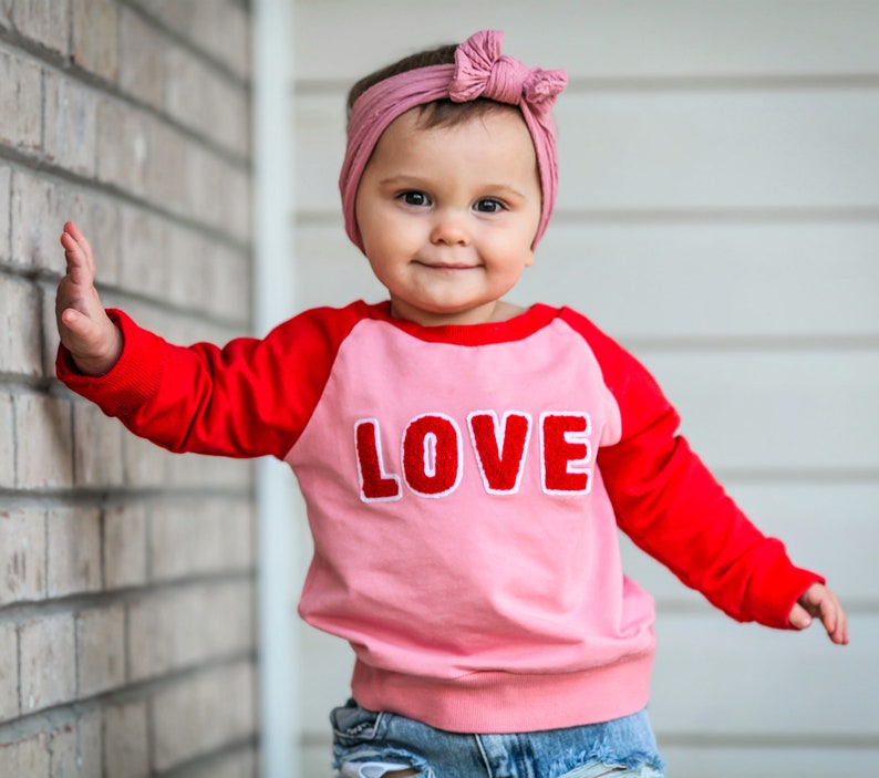 LOVE Ready to Ship Valentines Day Sweatshirt 6 months to 7T Unisex Kid's Pink Red and Tan V-Day Shirt, Boy's Valentine's Day Clothes image 1