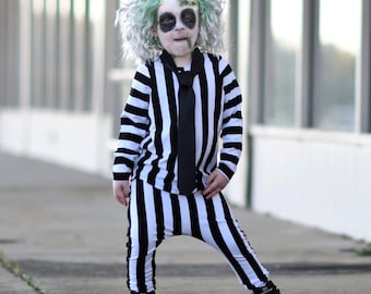Kid&#39;s Beetle Juice Costume Basics, Black and White Stripe Long Sleeve Shirt, Pants and Tie, Easy Baby Costume, Toddler Beetle Juice Costume