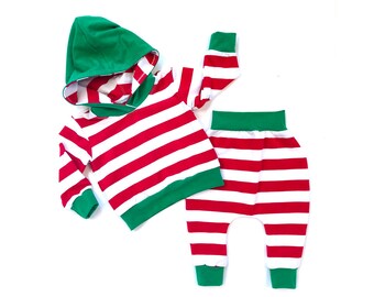 Elf Costume, 3-6 mo ~ 4/5T Santa's Little Helper Christmas Outfit, Red&White Stripe Hoodie AND Harem Pants, Elf Outfit, Christmas Pajamas