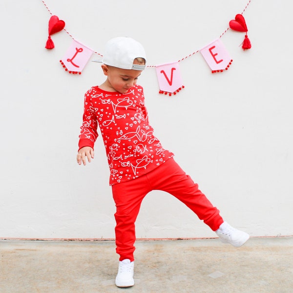 Ready to Ship! Fish and Heart Bubbles, Unisex Kid's Long Sleeve AND Pants, Baby Valentine's Day, Toddler Boy Shirt, Boy's Red Outfit