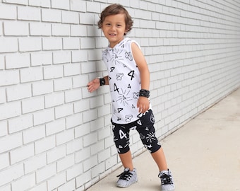 4! Four. 4th Birthday Hoodie Shirt AND Harem Shorts or Pants, Toddler Boy Birthday, 4 year old Birthday Party Outfit, Monochrome Bday