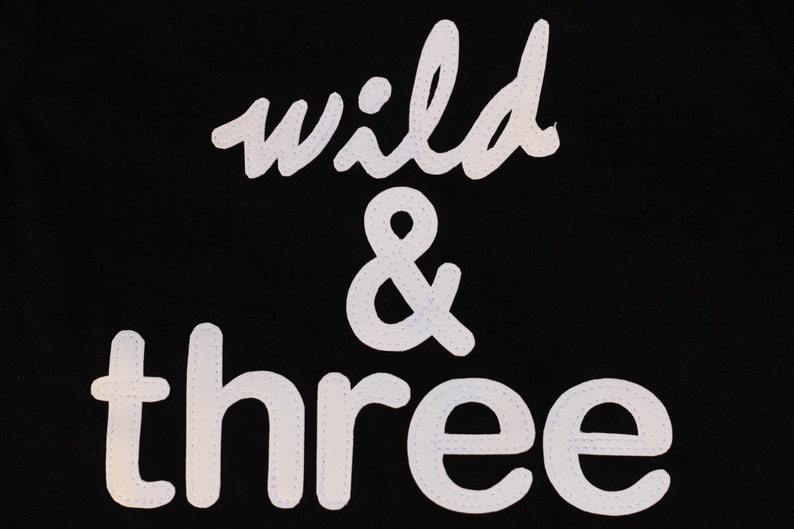 WILD & THREE Toddler Boy, Girl, Three 3 year Birthday shirt Black Red Grey Fuchsia shirt, Ultrasuede Lettering Etsy kid's fashion third image 5