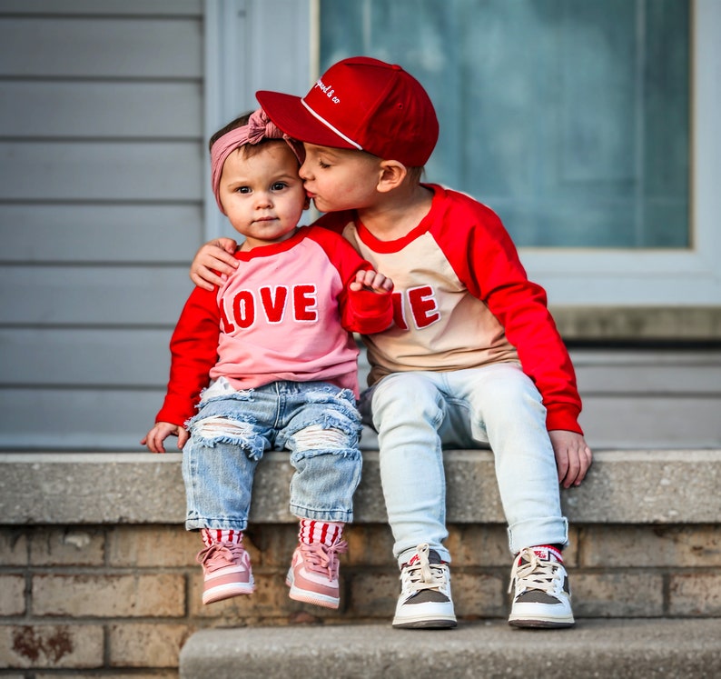 LOVE Ready to Ship Valentines Day Sweatshirt 6 months to 7T Unisex Kid's Pink Red and Tan V-Day Shirt, Boy's Valentine's Day Clothes image 2