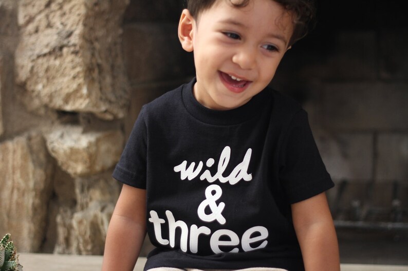 WILD & THREE Toddler Boy, Girl, Three 3 year Birthday shirt Black Red Grey Fuchsia shirt, Ultrasuede Lettering Etsy kid's fashion third image 3