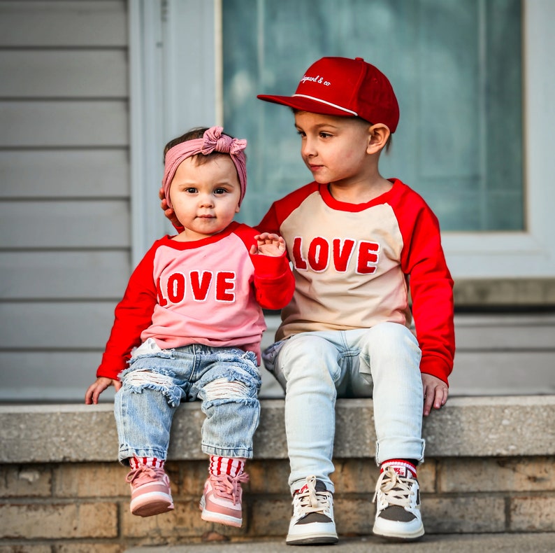 LOVE Ready to Ship Valentines Day Sweatshirt 6 months to 7T Unisex Kid's Pink Red and Tan V-Day Shirt, Boy's Valentine's Day Clothes image 4