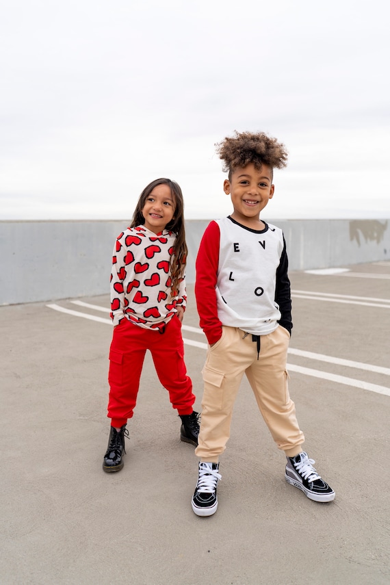 Unisex Kid's Cargo Jogger Pants Ready-to-ship, Red or Khaki, You