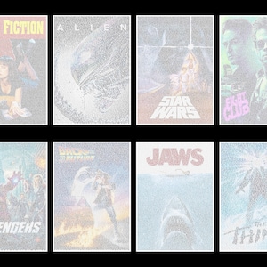 May include: A collage of movie posters made from text. The posters feature the titles "Pulp Fiction", "Alien", "Star Wars", "Fight Club", "Avengers", "Back to the Future", "Jaws", and "The Thing".