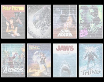 May include: A collage of movie posters made from text. The posters feature the titles "Pulp Fiction", "Alien", "Star Wars", "Fight Club", "Avengers", "Back to the Future", "Jaws", and "The Thing".