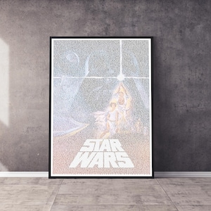 May include: A black and white poster with the text "Star Wars" in large letters at the bottom. The poster features a scene from the movie with characters from the film.