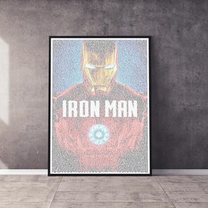 May include: A poster of the film "Iron Man" featuring a close-up of the Iron Man character's face. The poster is made up of tiny words and the title "Iron Man" is printed in large white letters.