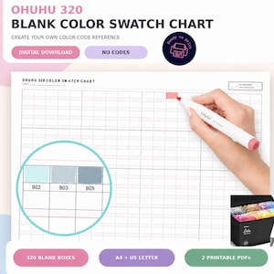 May include: A white Ohuhu 320 blank color swatch chart with a grid of empty boxes for color testing. The chart includes text labels, a digital download indicator, and a small inset showing a black carrying case filled with markers.