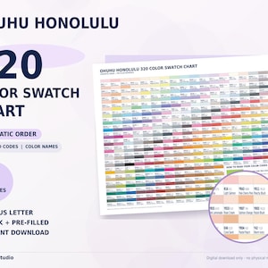May include: Ohuhu Honolulu 320 color swatch chart featuring a grid of color samples arranged in chromatic order. The document includes new and old codes, color names, and a circular detail view showing specific color blocks and labels.