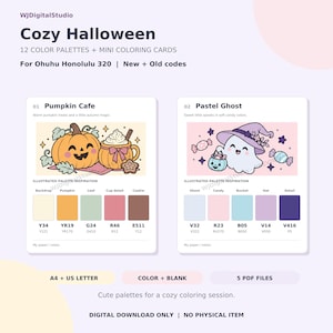 May include: Digital download featuring Cozy Halloween 12 color palettes and mini coloring cards for Ohuhu Honolulu 320 markers. Includes Pumpkin Cafe and Pastel Ghost illustrations with specific color codes, A4 and US Letter size options.