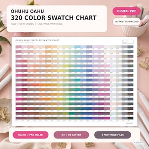 May include: A digital PDF Ohuhu Oahu 320 colour swatch chart featuring a grid of colour blocks with alphanumeric codes. The printable document includes both blank and pre-filled versions in A4 and US Letter sizes, presented as four printable files.