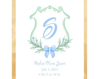 Personalized Baby Girl Birth Announcement Sign: Green & Blue Crest (Digital Download 11x14 inch Print)