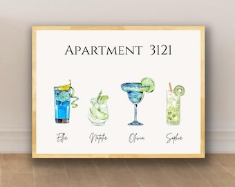 Gepersonaliseerde cocktailprint kamergenoot: preppy slaapzaaldecoratie (digitale download)