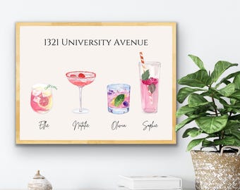 Personalized Roommate Print: Preppy Pink Cocktails Dorm Decor (Digital Download)