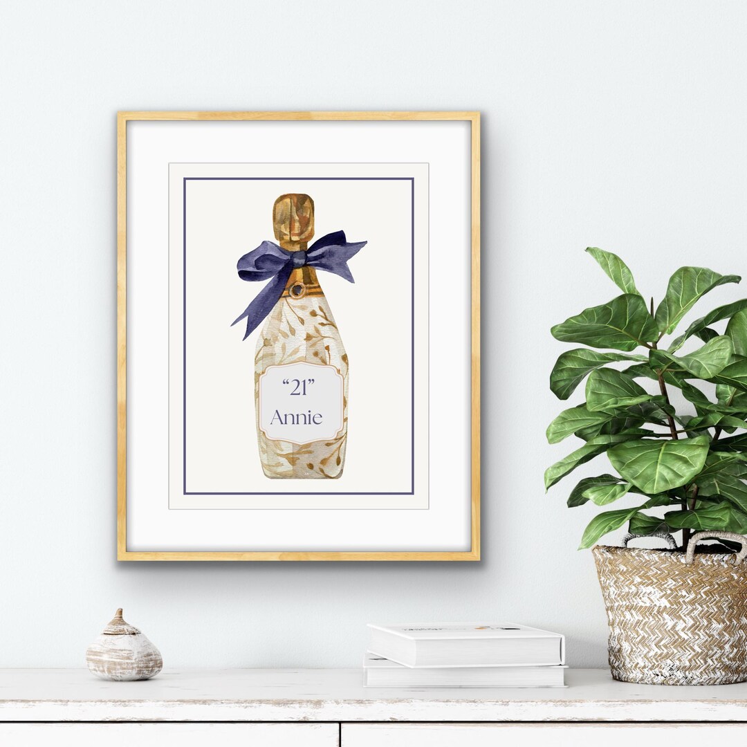 パーソナライズされた21歳の誕生日シャンパンボトルアートプリント