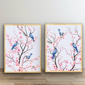 Chinoiserie Cherry Blossom & Blue Bird Art Prints (Set of 2) (Digital Download)