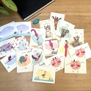 Lot de 10 cartes de vœux colorées et joyeuses | Mix & Match | Plein de flamants roses et d'autres animaux | Différentes occasions | Papier durable