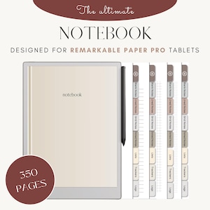 Puede incluir: Un cuaderno digital diseñado para la tableta Remarkable Paper Pro. El cuaderno tiene 350 páginas e incluye diferentes estilos de página, como en blanco, rayado, cuadriculado y punteado. El cuaderno también incluye secciones para listas, rastreadores y registros.