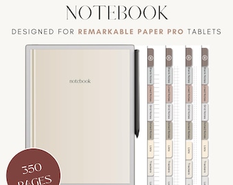 May include: A digital notebook designed for the Remarkable Paper Pro tablet. The notebook has 350 pages and includes different page styles, such as blank, lined, grid, and dotted. The notebook also includes sections for lists, trackers, and logs.