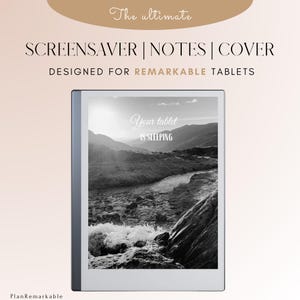 May include: A digital tablet with a black and white landscape image on the screen. The text on the screen says "Your tablet is sleeping." Above the tablet, the text reads "SCREENSAVER | NOTES | COVER DESIGNED FOR REMARKABLE TABLETS."