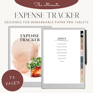 May include: A digital planner for the Remarkable Paper Pro tablet, featuring a watercolor illustration of a plant in a pot. The planner is titled "Expense Tracker" and includes an index with categories such as "Year Overview", "Monthly Income", "Monthly Budget", "Monthly Expense", "Bill Tracker", "Saving Goals", and "Notes".