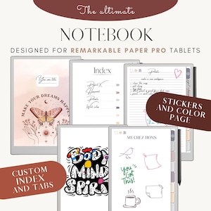 May include: A digital notebook designed for the Remarkable Paper Pro tablet. The notebook features a custom index and tabs, stickers, and a color page. The notebook has a pink and white cover with a butterfly design and the text "Make Your Dreams Happen".