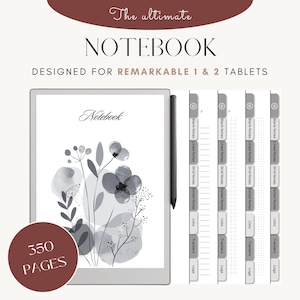 Op de afbeelding: Een digitaal notitieboek ontworpen voor de Remarkable 1 & 2 tablets. De omslag van het notitieboek heeft een aquarel bloemenontwerp in grijstinten. Het notitieboek bevat 350 pagina's met verschillende paginastijlen, waaronder blanco, gestreept, geruit en gestippeld.