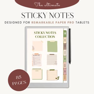 Peut inclure: Un écran de tablette numérique affichant une collection de 85 modèles de notes adhésives imprimables pour la tablette Remarkable Paper Pro. Les modèles présentent divers designs, notamment des pages vierges, des listes de tâches, des calendriers et du papier ligné. Le texte "STICKY NOTES COLLECTION" est affiché en haut de l'écran.