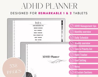 ADHD planner for e-ink tablet | Suitable for Remarkable 2 tablets | Self Care Planner | Daily Schedule | Weekly & Monthly overview