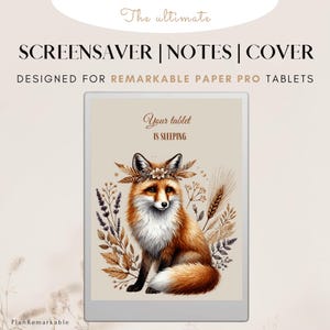 May include: A digital screensaver for a tablet featuring a fox with a flower crown sitting in a field of wildflowers. The text "Your tablet is sleeping" is displayed on the screen.