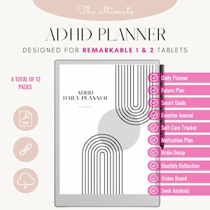May include: A digital planner for ADHD, designed for Remarkable 1 & 2 tablets. The planner features a minimalist design with black and white arches on a white background. The planner includes 12 pages with sections for daily planning, future planning, smart goals, emotion journaling, self-care tracking, motivation planning, brain dumping, monthly reflection, vision boards, and SWOT analysis.