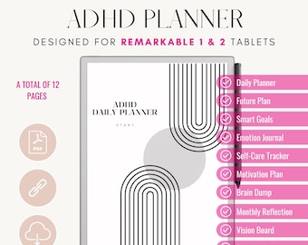 ADHD planner for e-ink tablet | Suitable for Remarkable 1 & 2 tablets | ADHD Self Care Planner | ADHD Goal Setting | Brain Dump