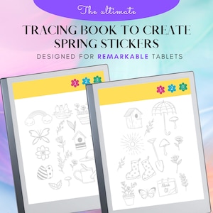 May include: Two pages of a black and white spring-themed tracing book designed for Remarkable tablets. The pages feature various spring-themed illustrations, including a butterfly, a birdhouse, a rainbow, a watering can, a flower, a mushroom, a sun, a pair of boots, a shovel, an umbrella, and a calendar with the date March 01.