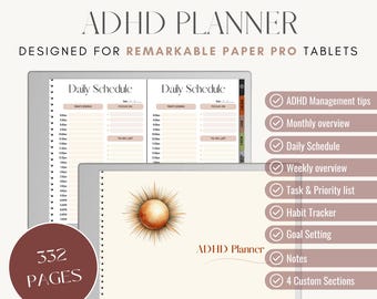 ADHD planner for e-ink tablet | Suitable for Remarkable Paper Pro tablets | ADHD Goal Setting | Daily Schedule | Weekly & Monthly overview