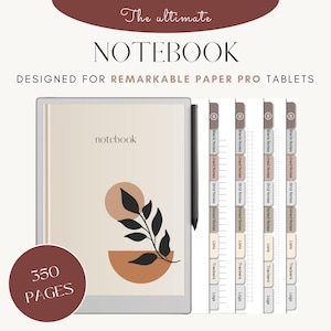 May include: A digital notebook with 350 pages designed for the Remarkable Paper Pro tablet. The notebook cover features a minimalist design with a brown and orange abstract shape and a black leaf branch. The notebook includes various page templates, including blank, lined, grid, dotted, lists, trackers, and logs.