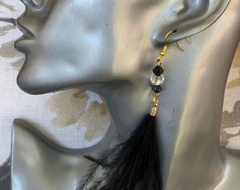 Long Floaty Black Ostrich Feather Earrings