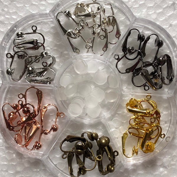 18 Pairs Clip on Earring Findings in 6 Colours with Comfort Sleeves, Jump Rings and Storage Case