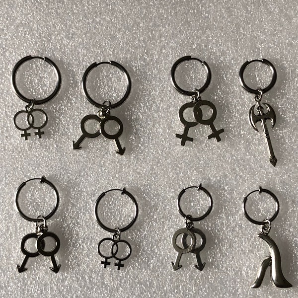 Lesbian Gay Pride Huggie Hoop Earrings Pierced or Spring Clip  with Venus, Mars, Axe, Lambda Symbols