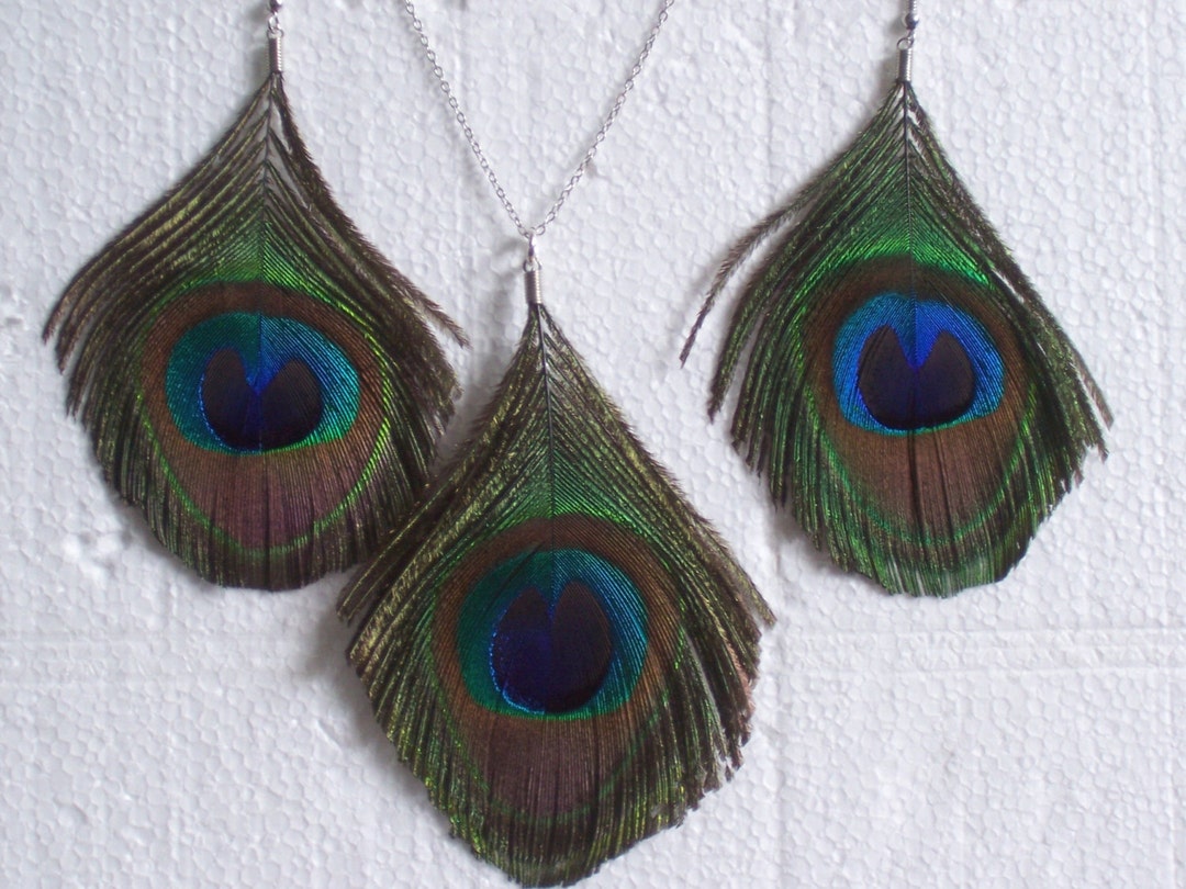 Buy Trimmed Peacock Feather Necklace and Earrings Set Online in India Etsy