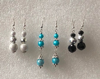 3 pairs of dangly handmade earrings with miracle and crystal beads - clip on by request