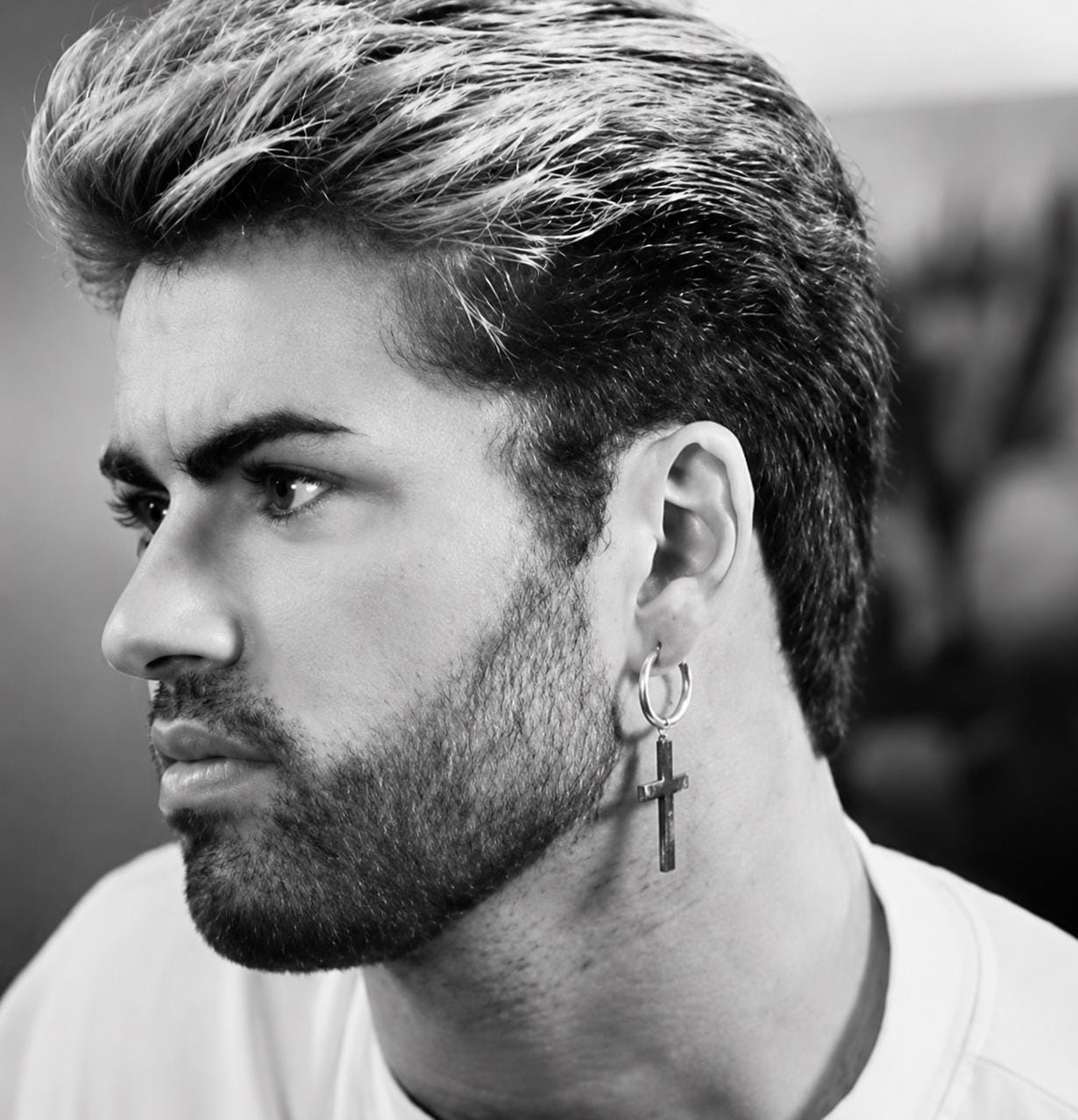 George Michael Faith Style Cross Earring – Silver Hoop, Pierced or